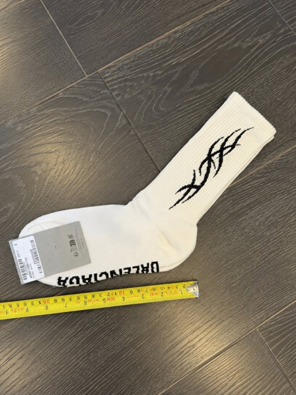 Authentic Balenciaga White Tribal Logo Crew Socks Black Print Size S NWT